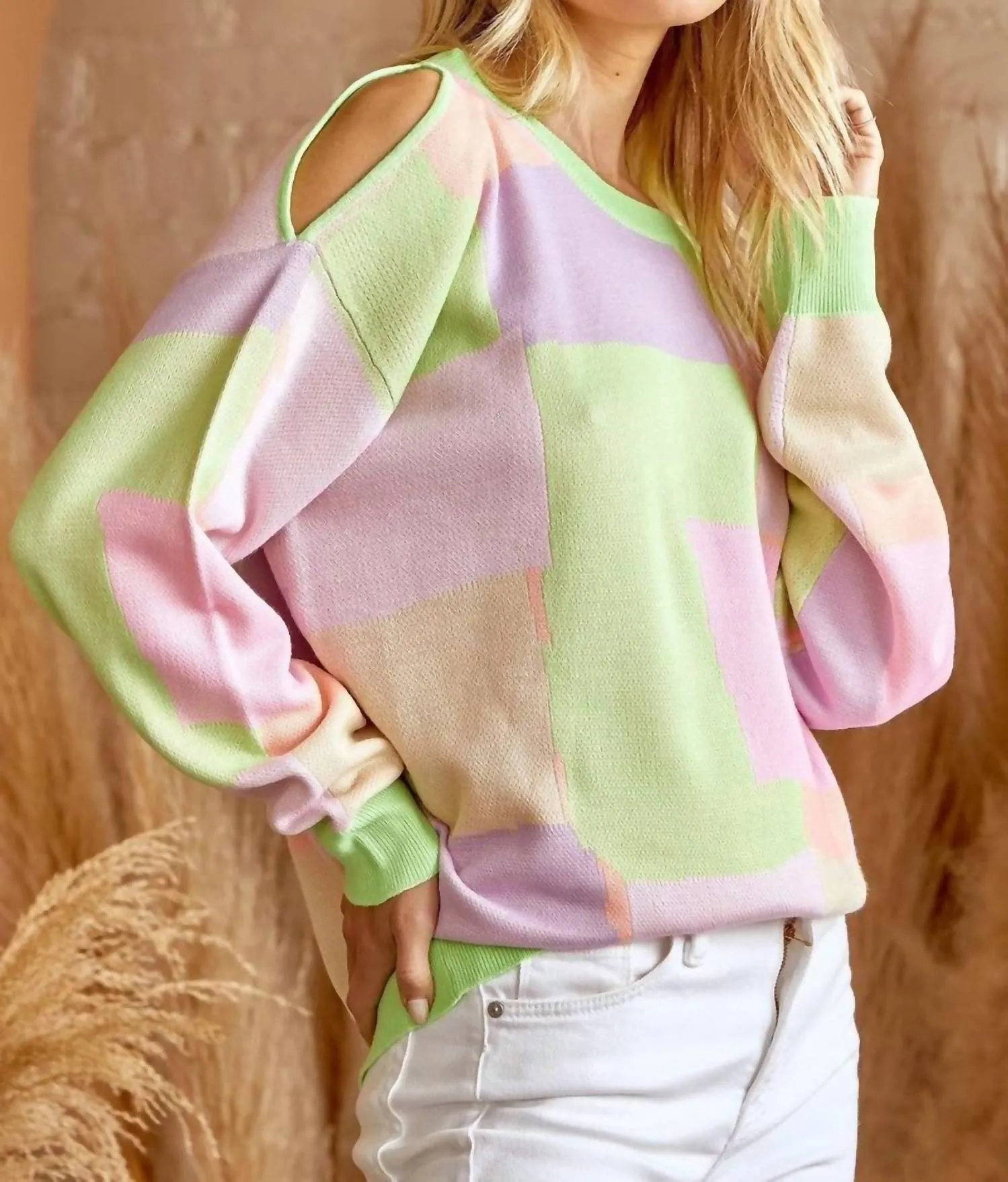Andree By Unit - Color Block Sweater With One Shoulder Bodice