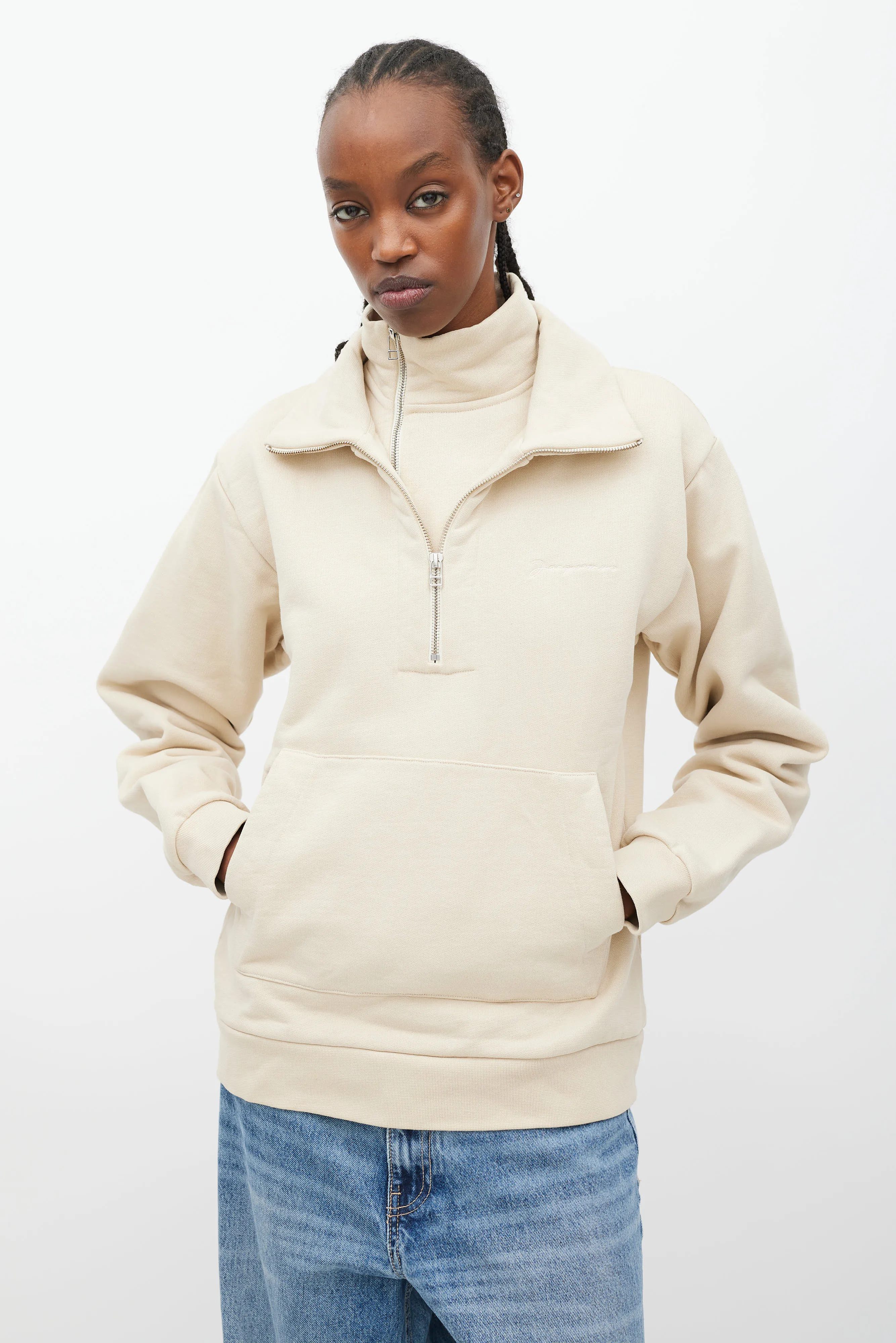 Beige Double Collar Quarter Zip Sweater