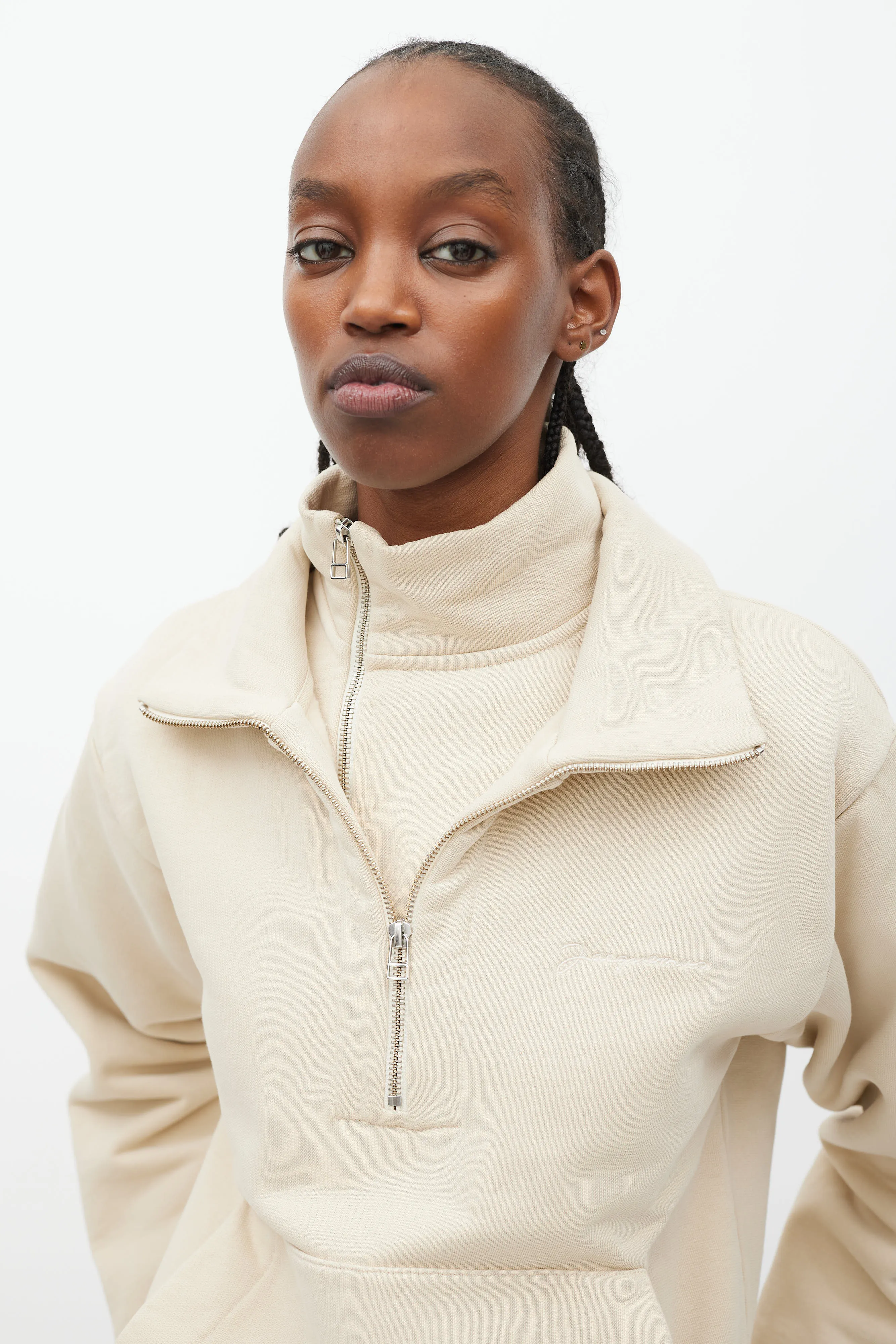 Beige Double Collar Quarter Zip Sweater