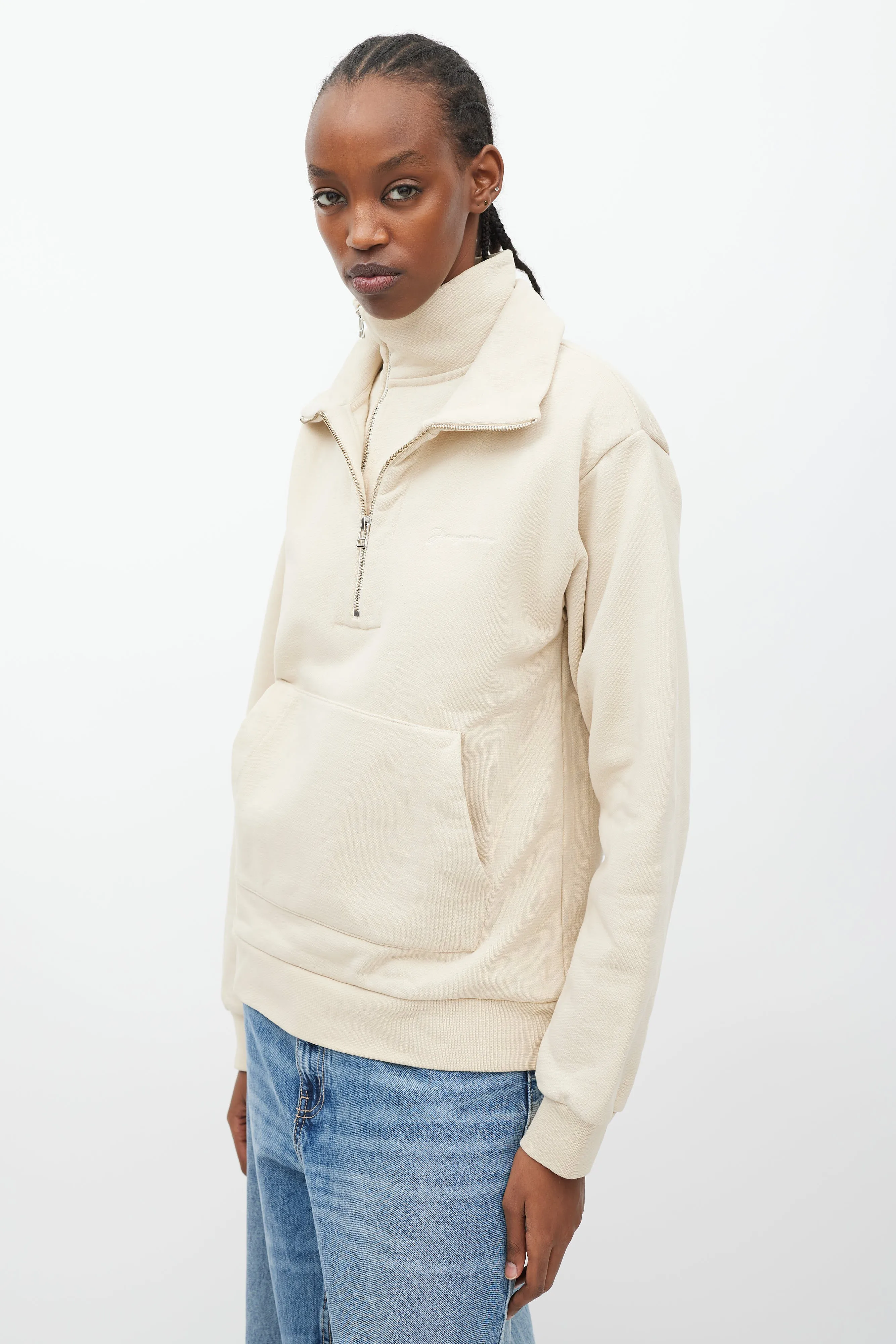 Beige Double Collar Quarter Zip Sweater