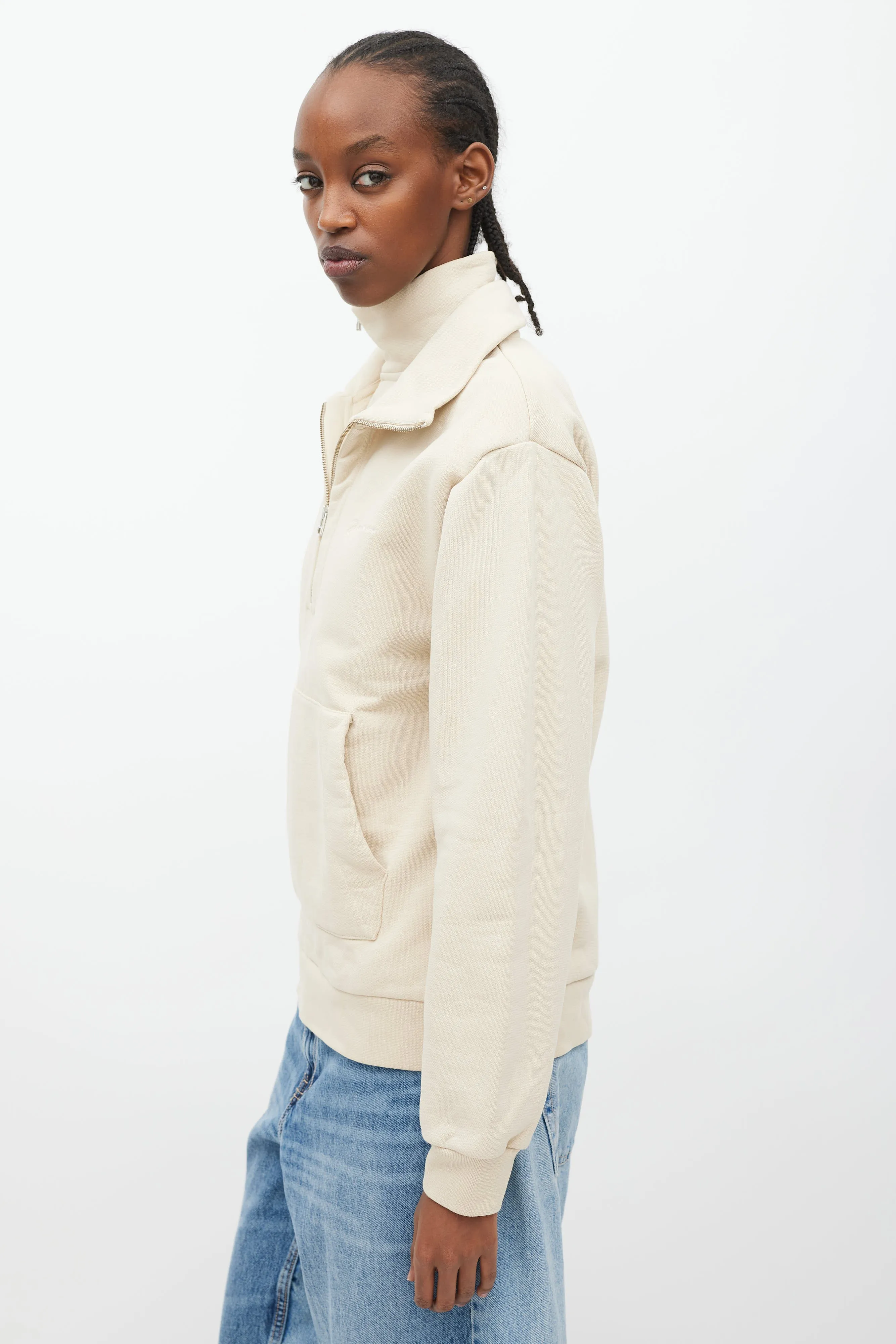 Beige Double Collar Quarter Zip Sweater
