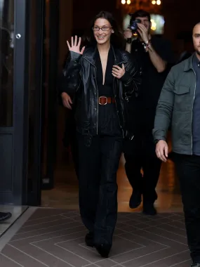 Bella Hadid Paris Fashion Week Leather Jacket