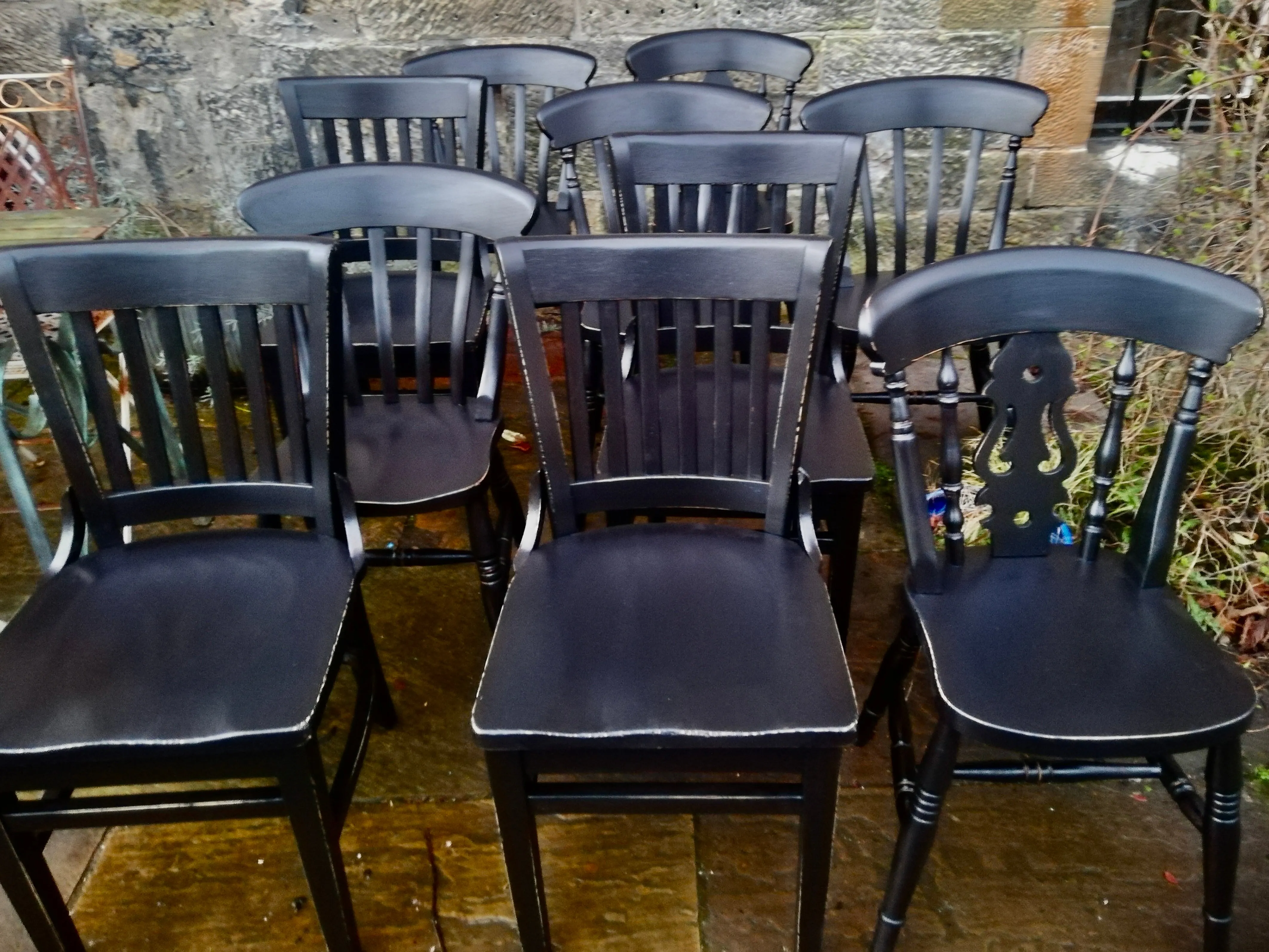 Commission for Corrie 6 x dining chairs and Woven stool  painted in Old Violet
