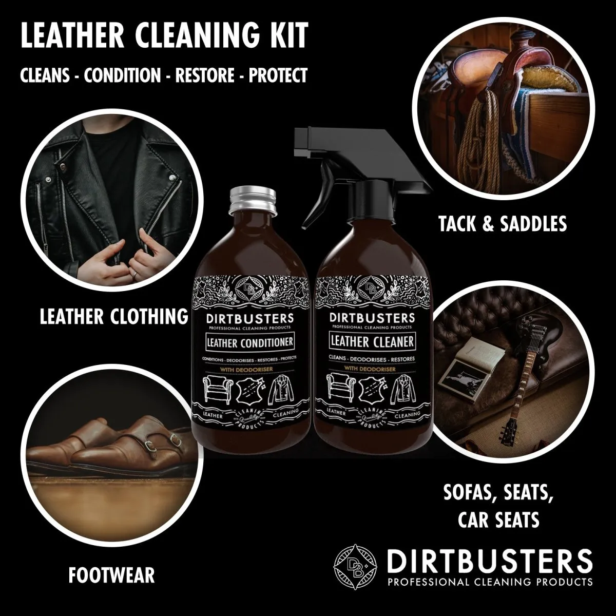 Dirtbusters Leather Deodoriser Clean & Condition Kit (x2 500ml)
