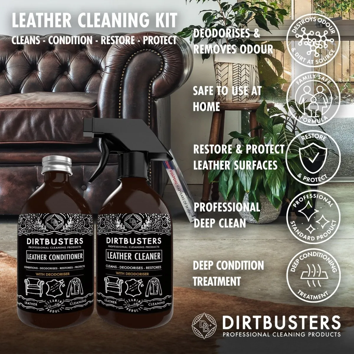 Dirtbusters Leather Deodoriser Clean & Condition Kit (x2 500ml)