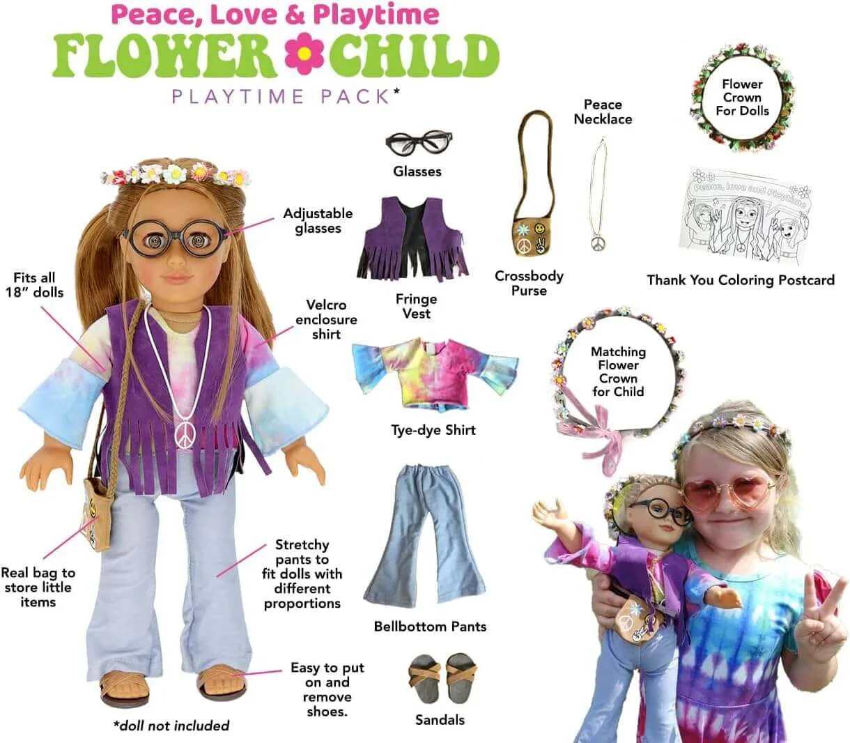 Flower Child Outfit for 18 inch Dolls