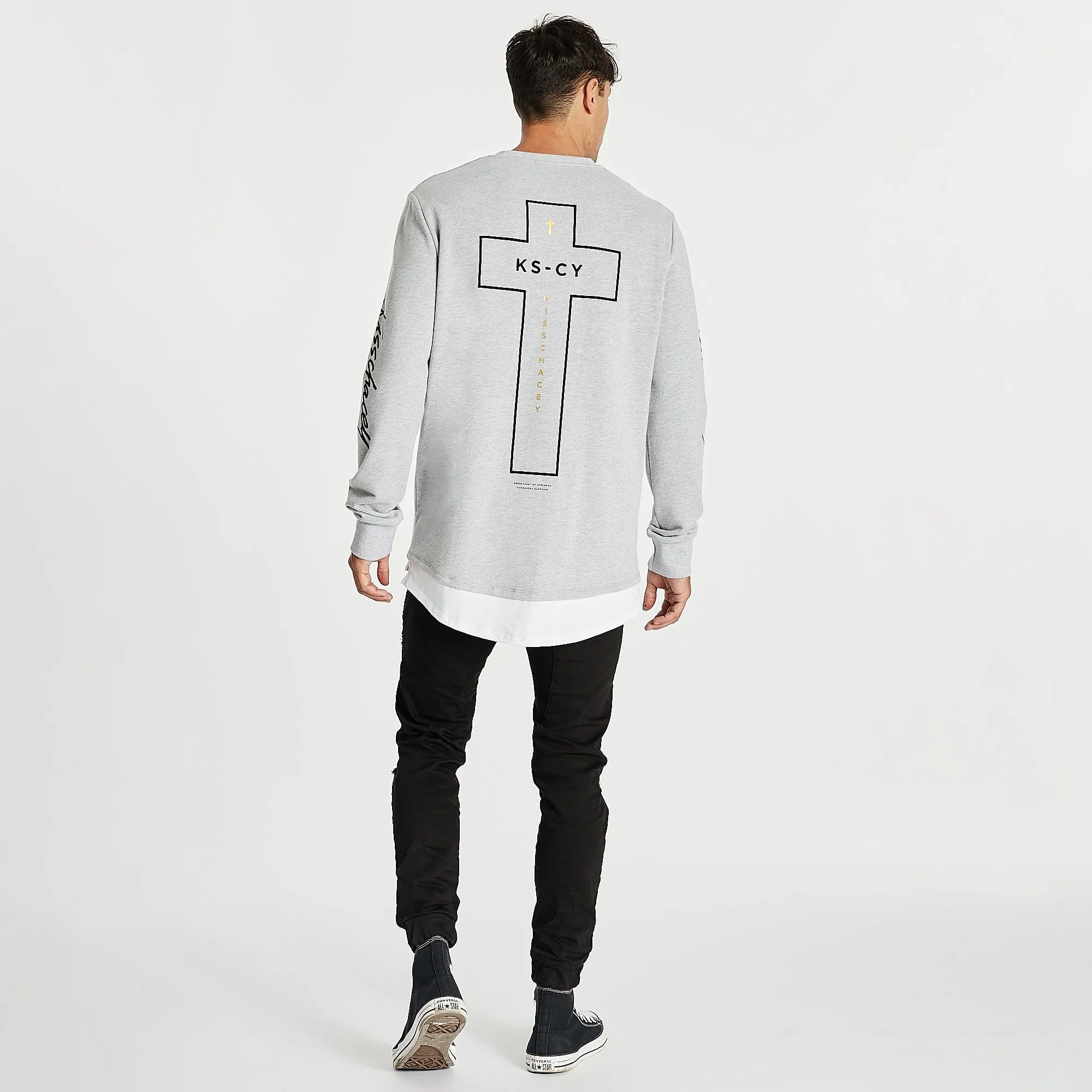 Kiss Chacey MENS ALL IN LAYERED HEM SWEATER - GREY MARLE