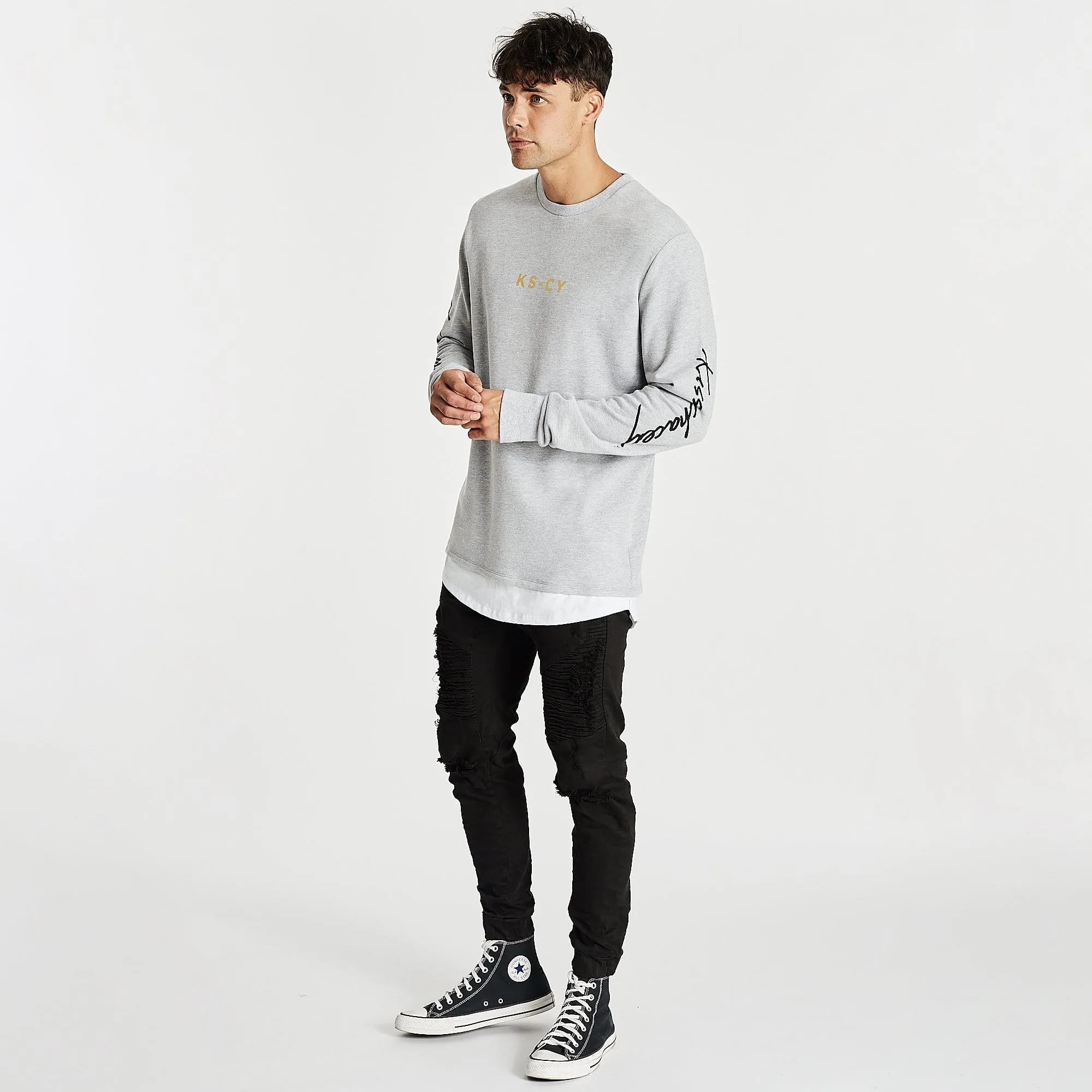 Kiss Chacey MENS ALL IN LAYERED HEM SWEATER - GREY MARLE