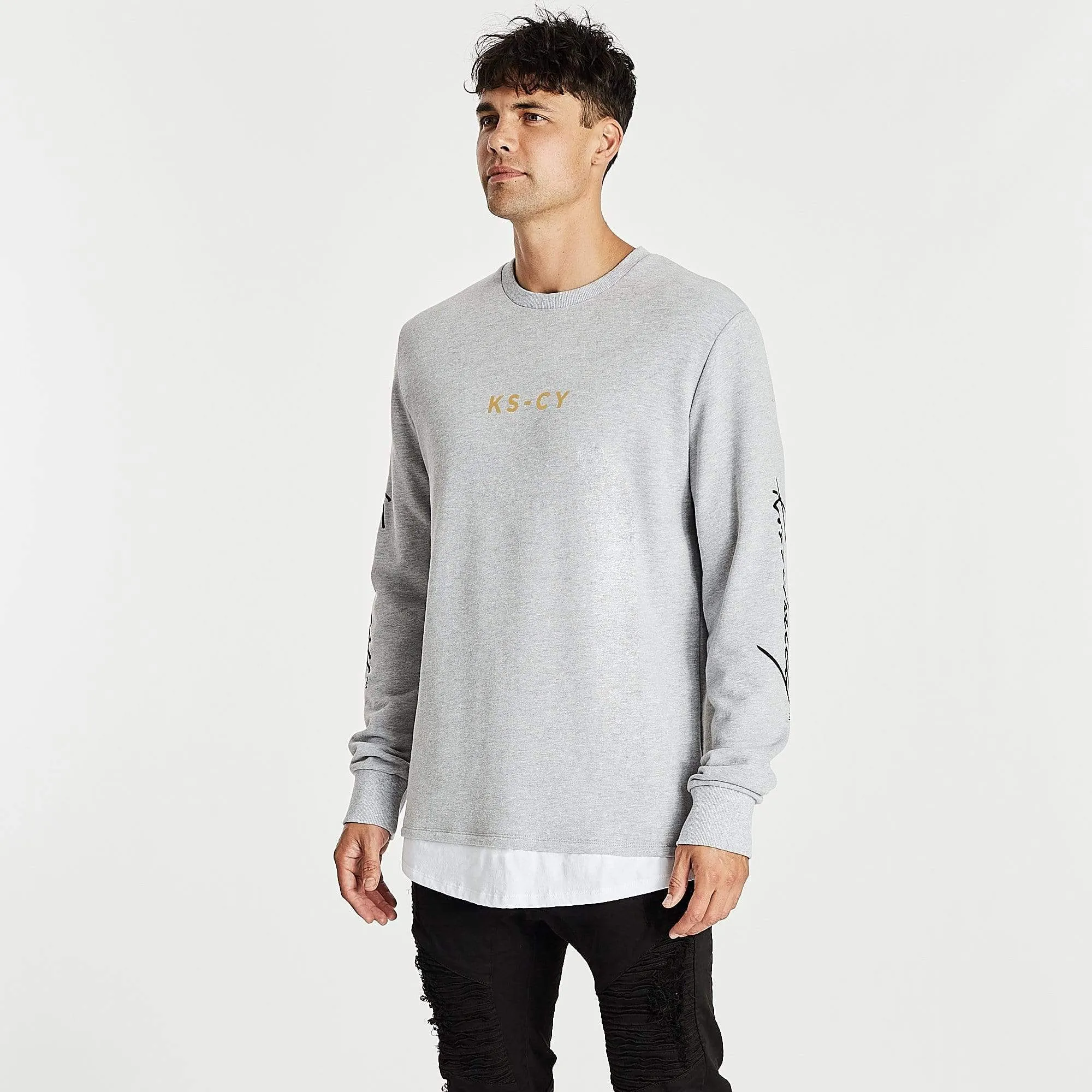 Kiss Chacey MENS ALL IN LAYERED HEM SWEATER - GREY MARLE