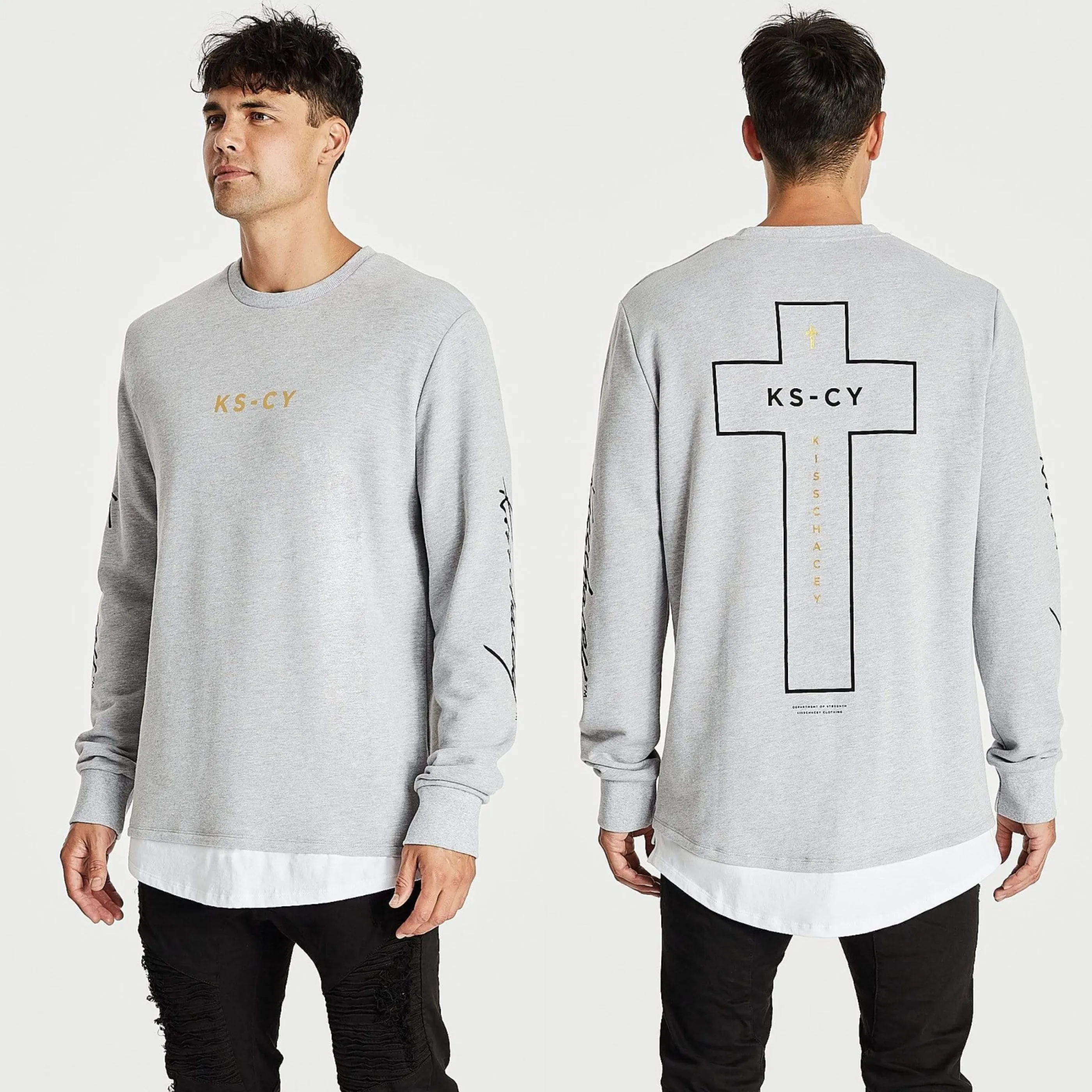 Kiss Chacey MENS ALL IN LAYERED HEM SWEATER - GREY MARLE