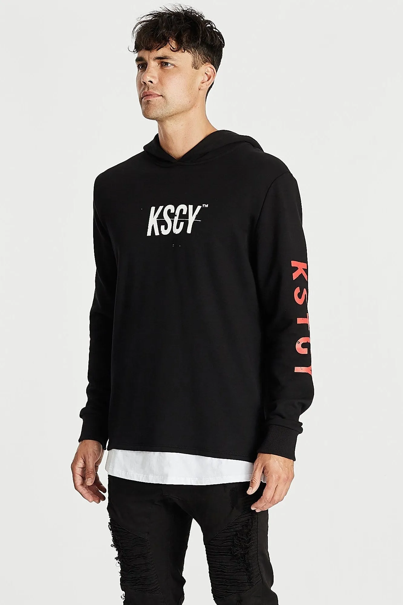 Kiss Chacey MENS LIVE LIFE LAYERED HEM HOODED SWEATER - JET BLACK