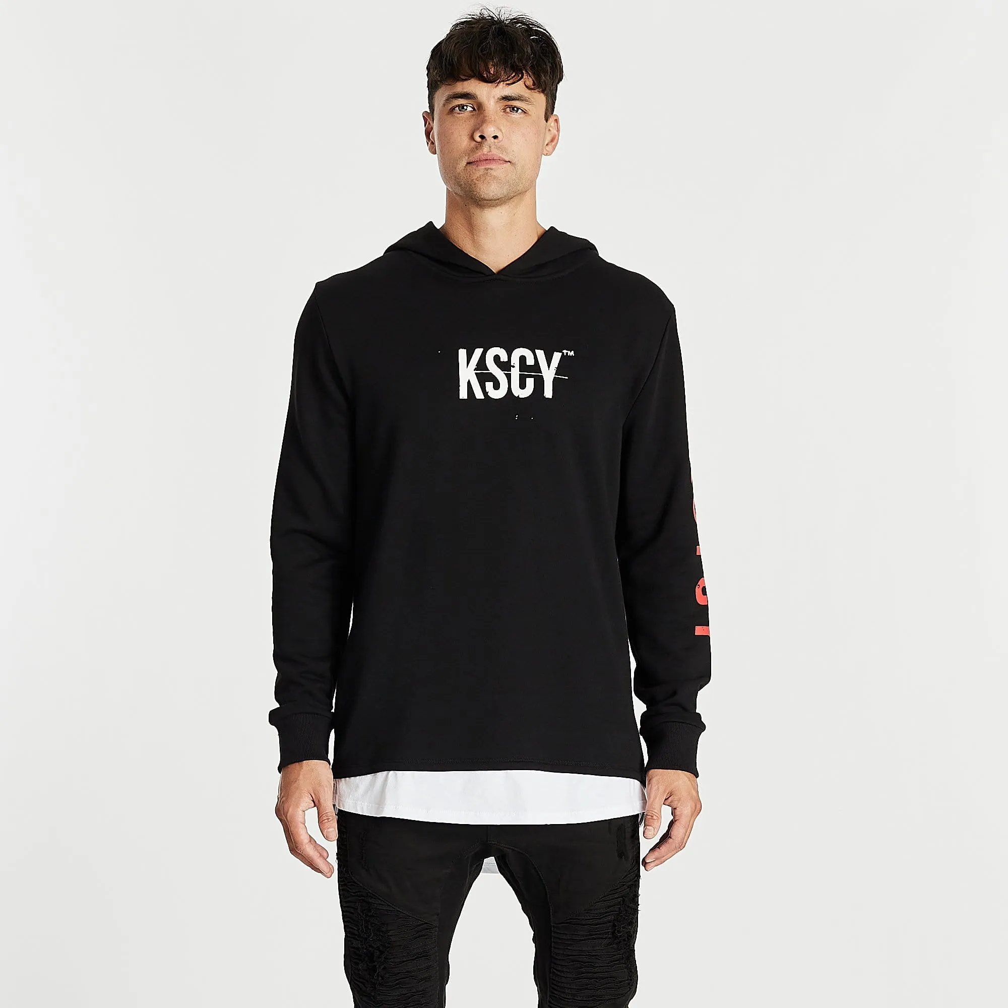 Kiss Chacey MENS LIVE LIFE LAYERED HEM HOODED SWEATER - JET BLACK