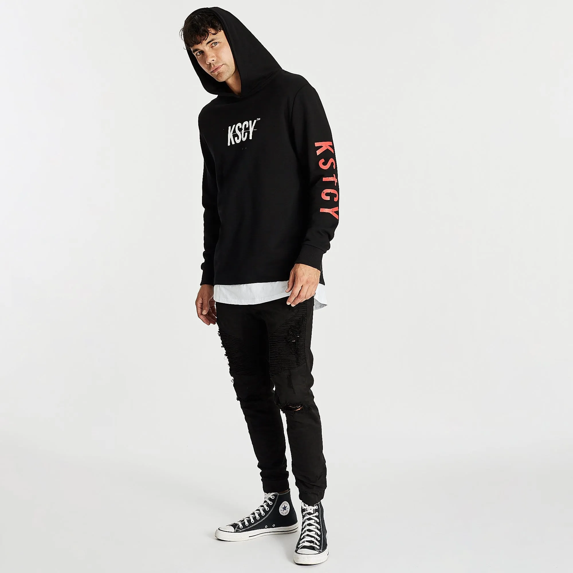 Kiss Chacey MENS LIVE LIFE LAYERED HEM HOODED SWEATER - JET BLACK
