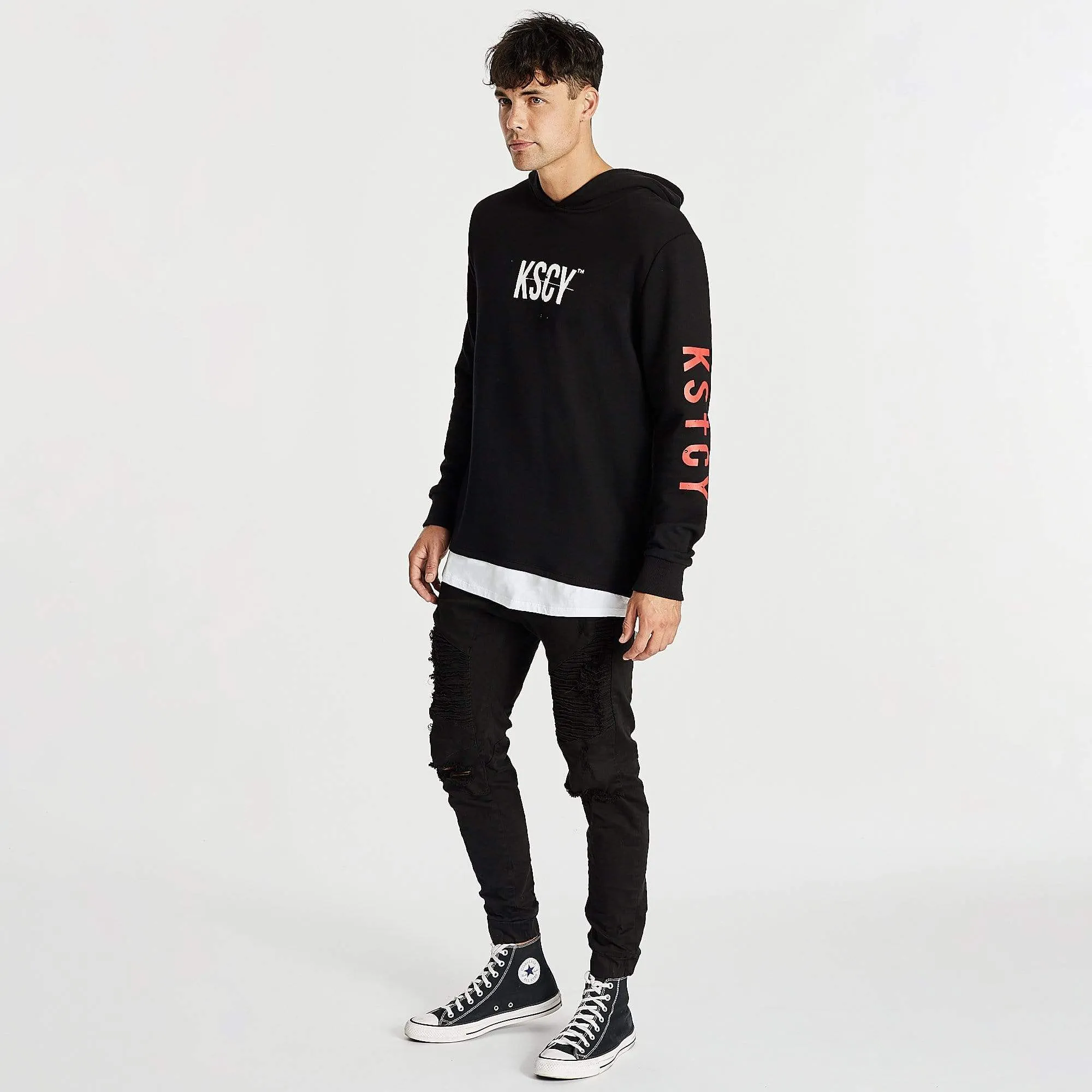 Kiss Chacey MENS LIVE LIFE LAYERED HEM HOODED SWEATER - JET BLACK