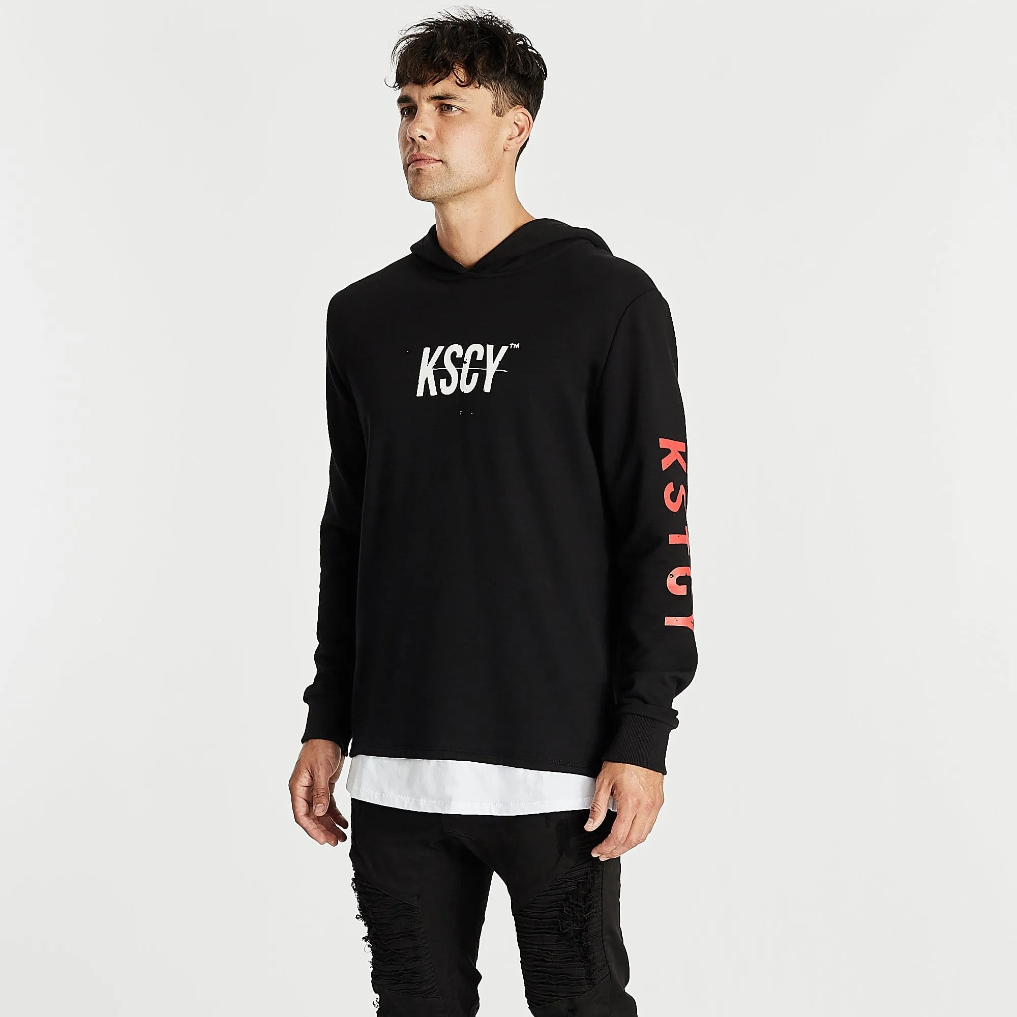 Kiss Chacey MENS LIVE LIFE LAYERED HEM HOODED SWEATER - JET BLACK