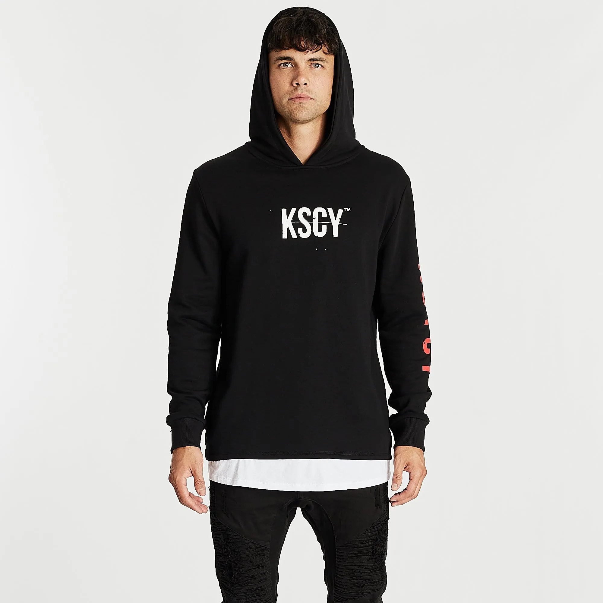 Kiss Chacey MENS LIVE LIFE LAYERED HEM HOODED SWEATER - JET BLACK