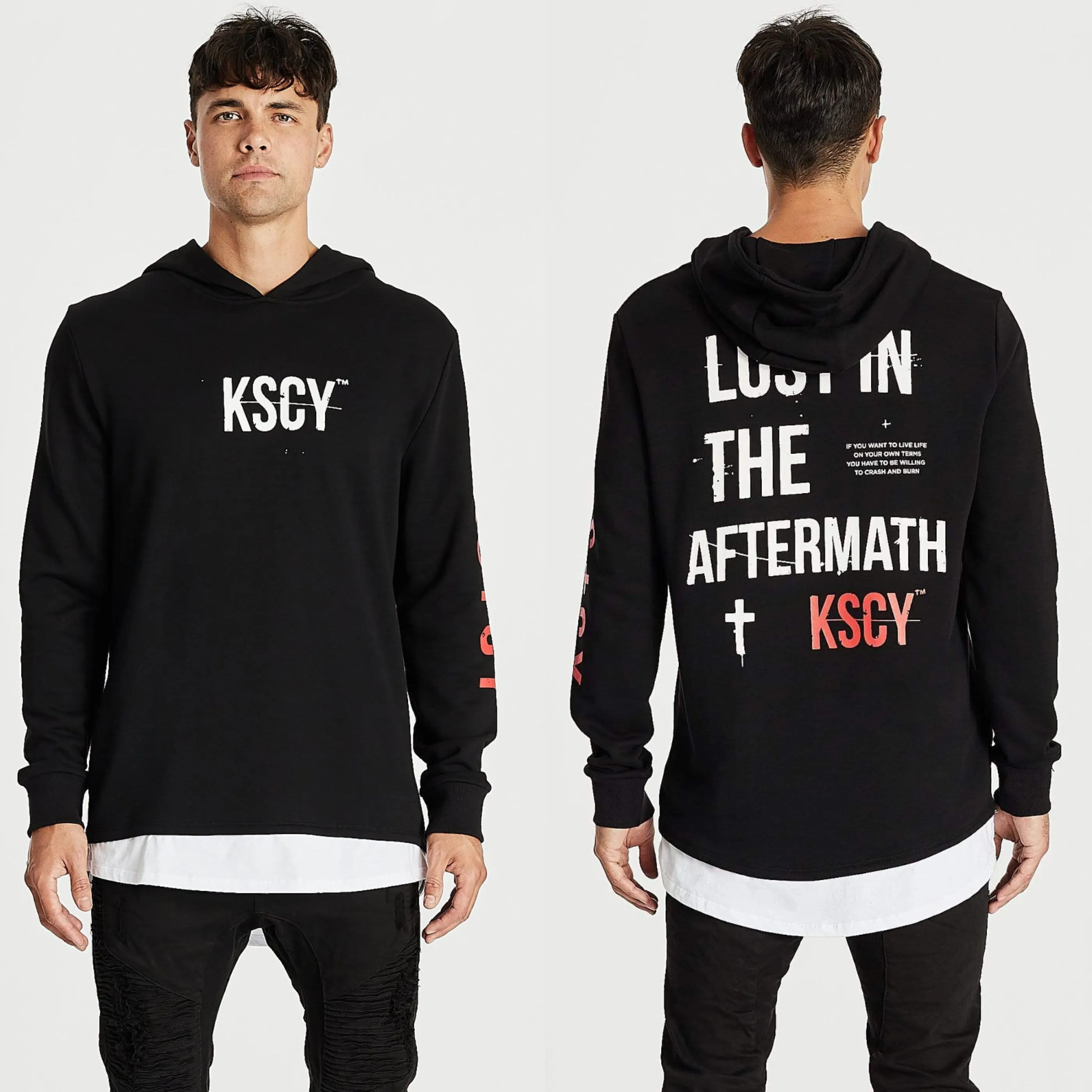 Kiss Chacey MENS LIVE LIFE LAYERED HEM HOODED SWEATER - JET BLACK
