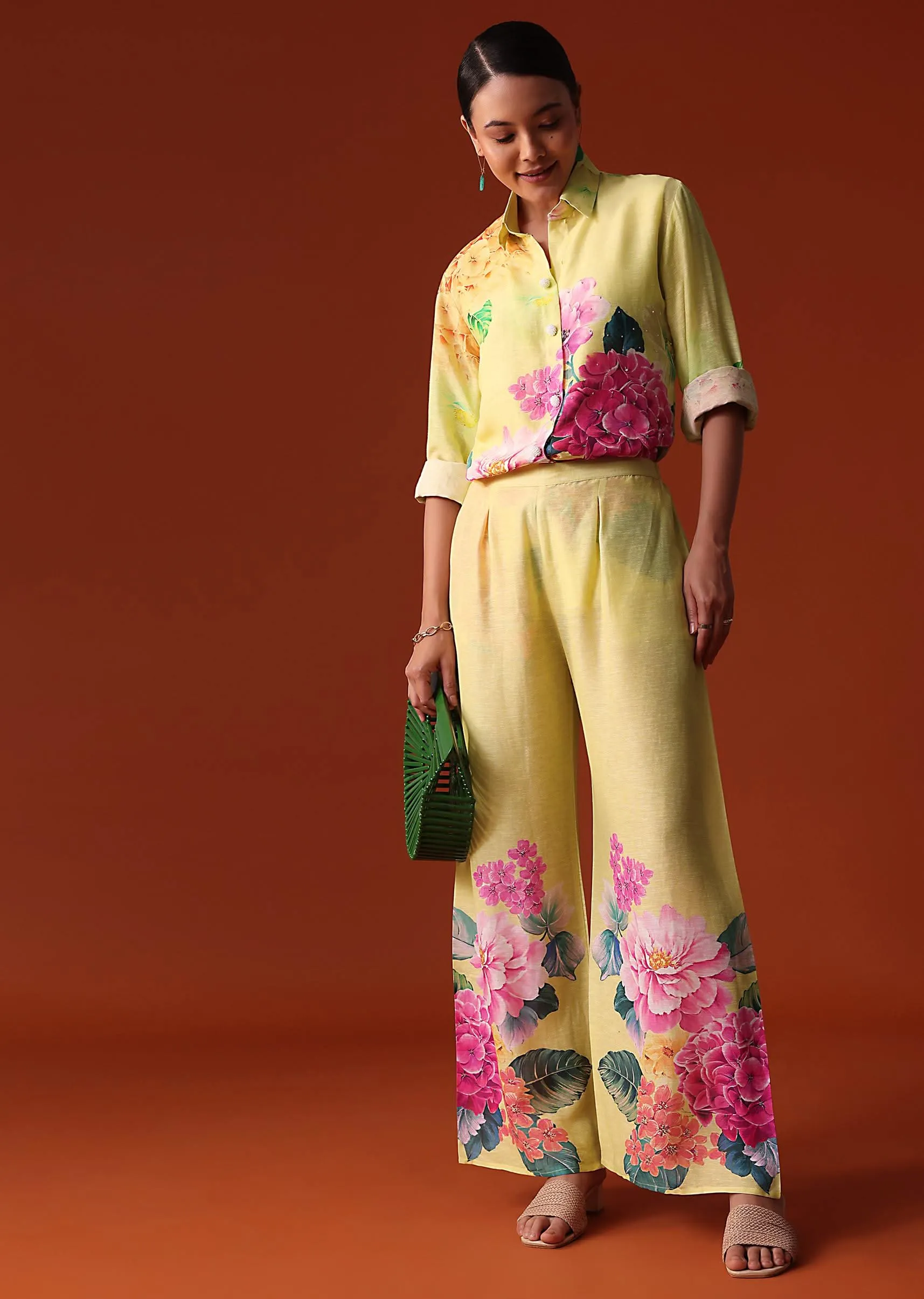 Lime Green Floral Sequins Work Cotton Co Ord Set