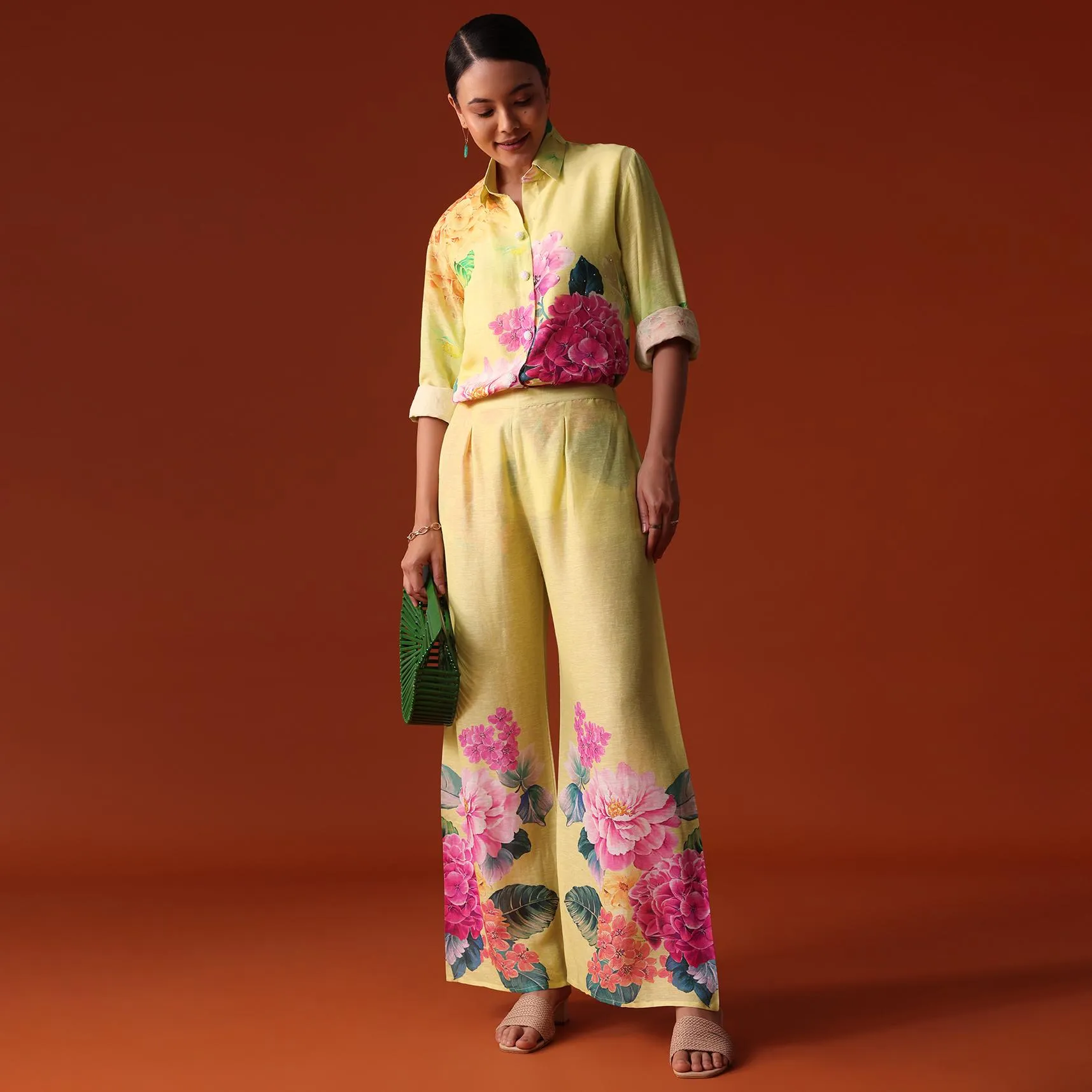 Lime Green Floral Sequins Work Cotton Co Ord Set