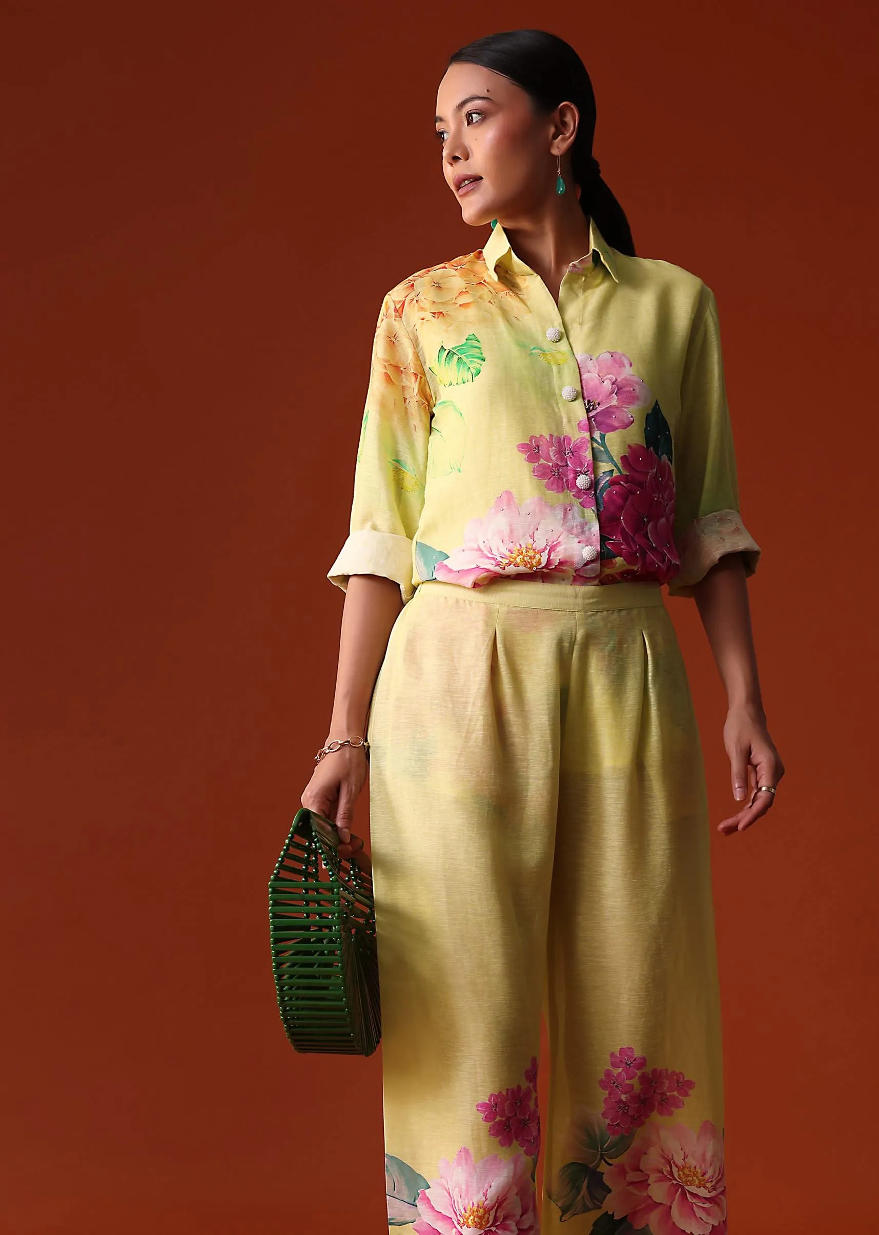 Lime Green Floral Sequins Work Cotton Co Ord Set