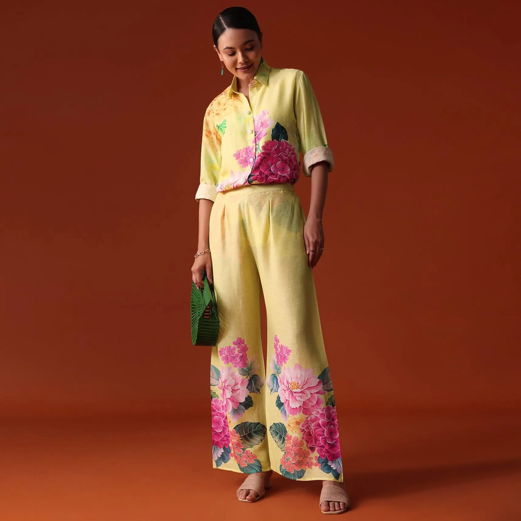 Lime Green Floral Sequins Work Cotton Co Ord Set