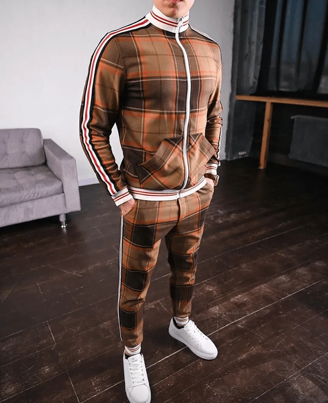 Men's Slim Fit Plaid Tracksuit with Striped Detailing