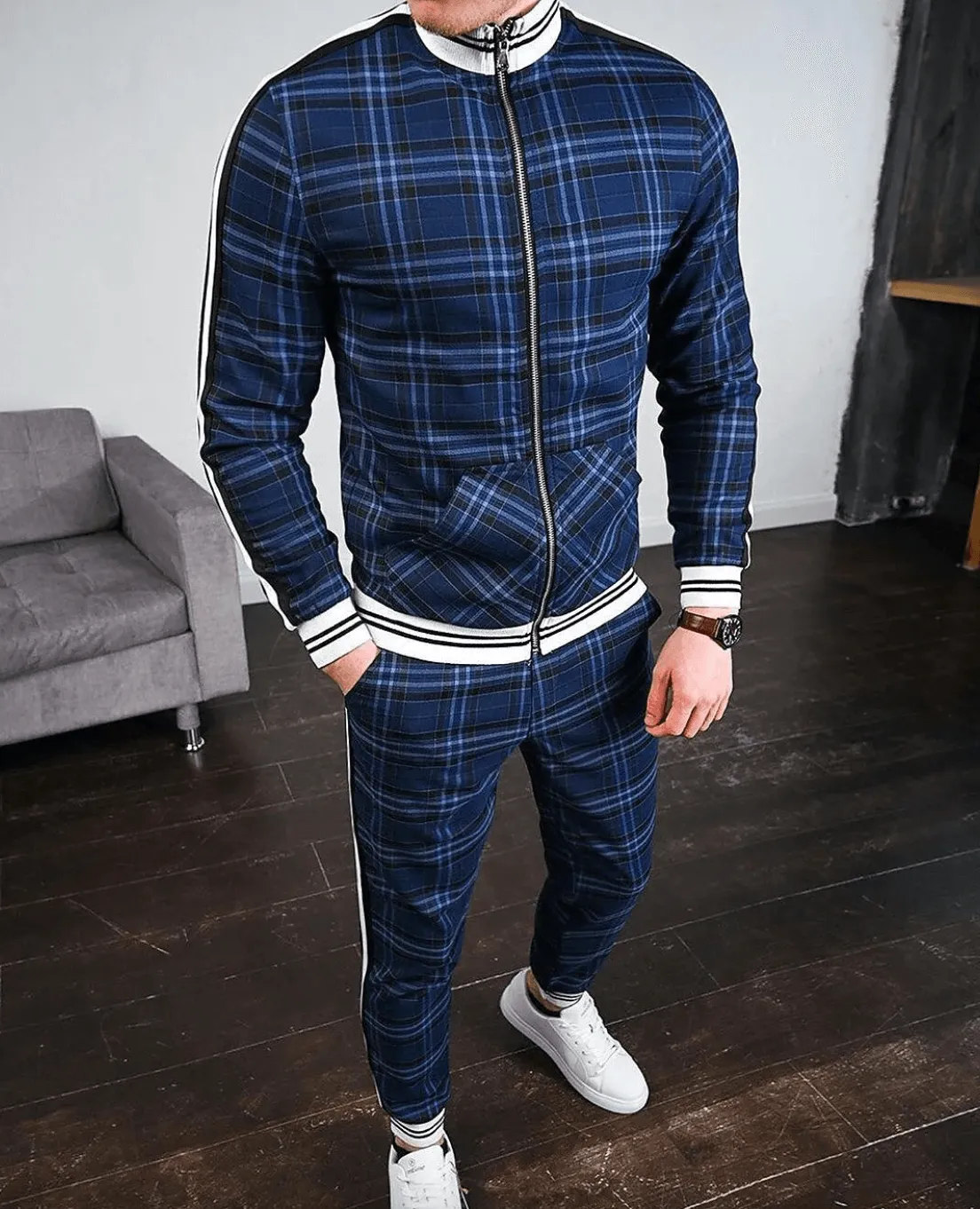 Men's Slim Fit Plaid Tracksuit with Striped Detailing