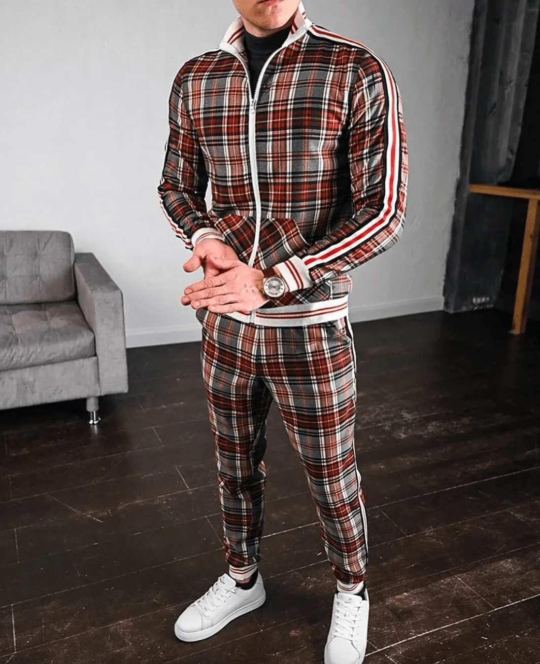 Men's Slim Fit Plaid Tracksuit with Striped Detailing