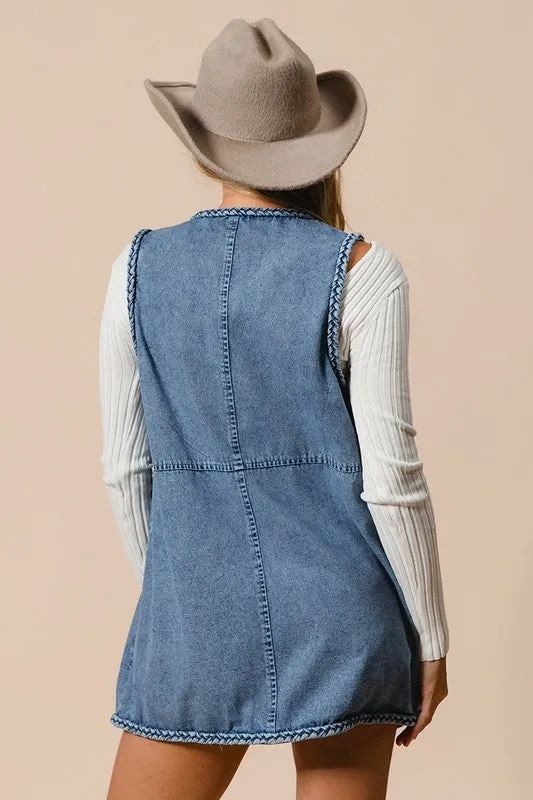 ONLINE EXCLUSIVE BiBi Braided Trim Open Front Denim Vest with Pockets