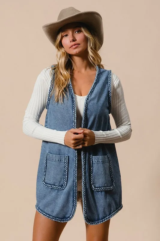 ONLINE EXCLUSIVE BiBi Braided Trim Open Front Denim Vest with Pockets