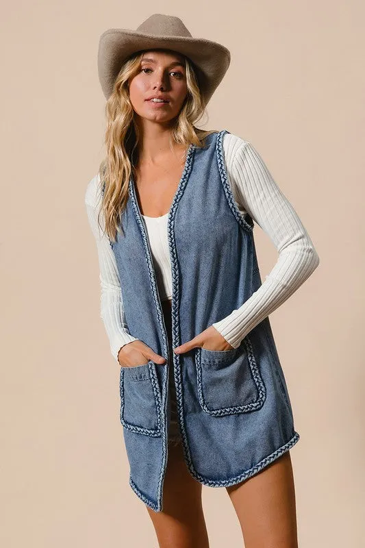 ONLINE EXCLUSIVE BiBi Braided Trim Open Front Denim Vest with Pockets