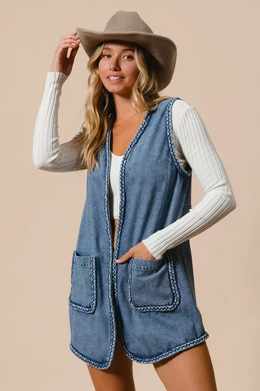 ONLINE EXCLUSIVE BiBi Braided Trim Open Front Denim Vest with Pockets