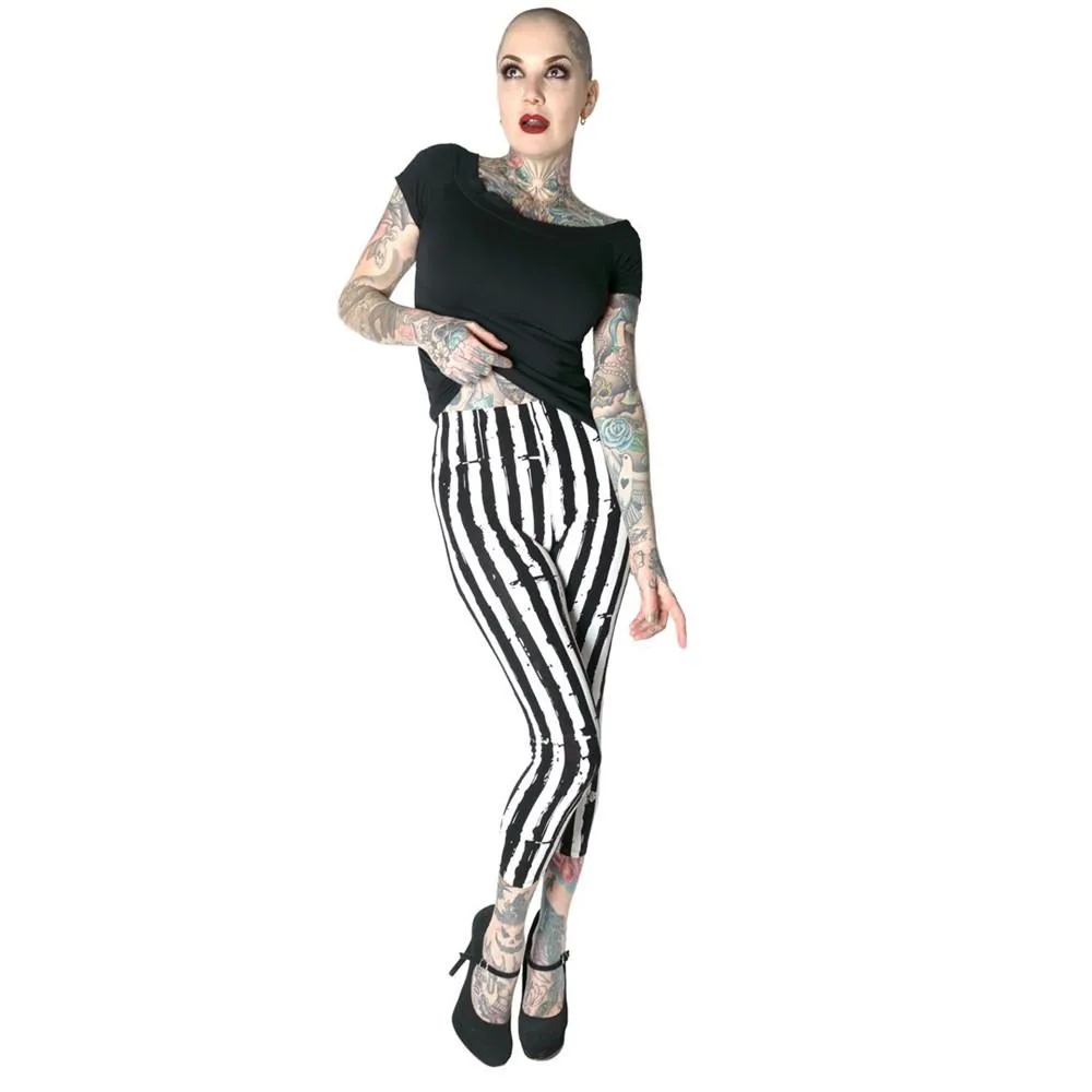 Stripe White Distressed Capri Leggings