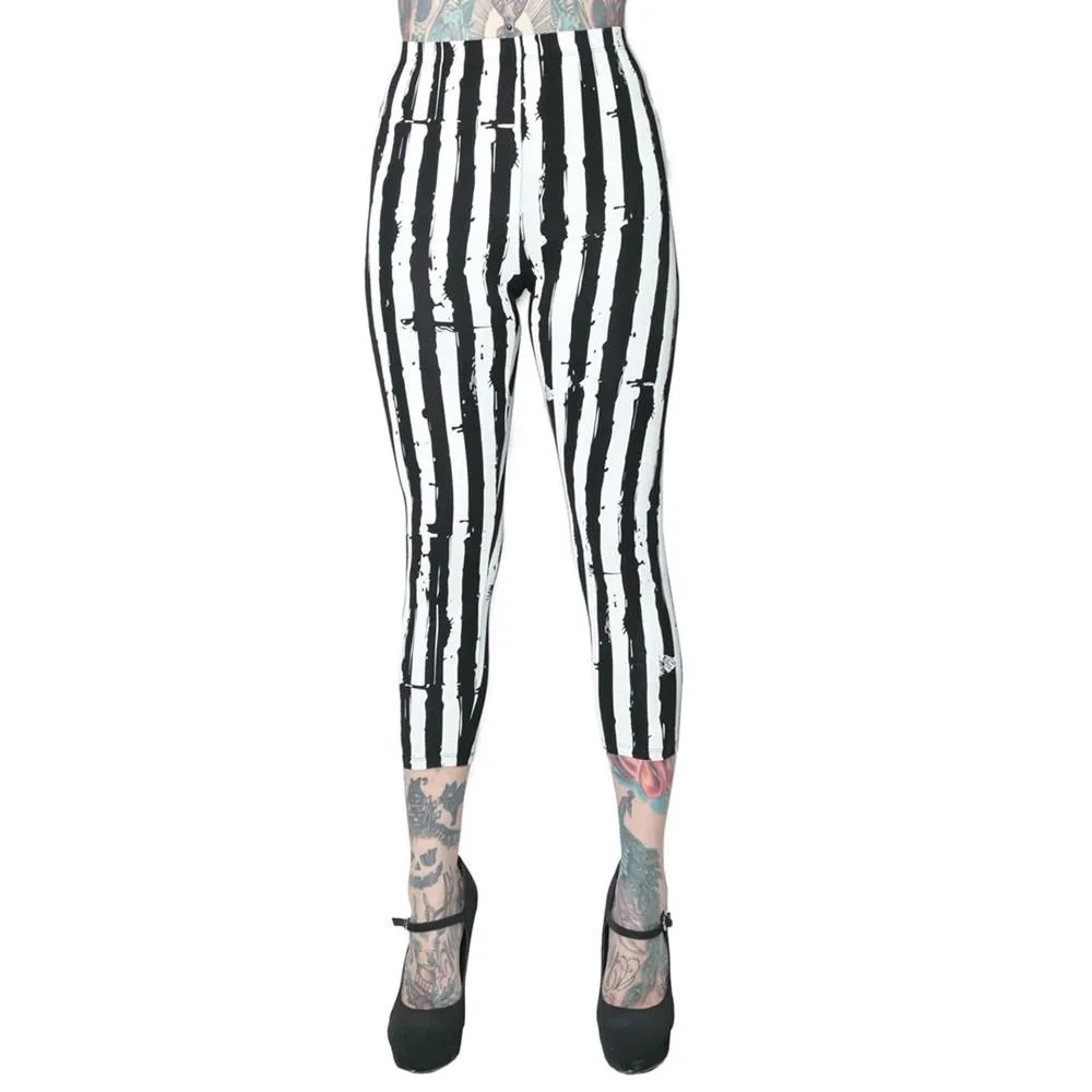 Stripe White Distressed Capri Leggings