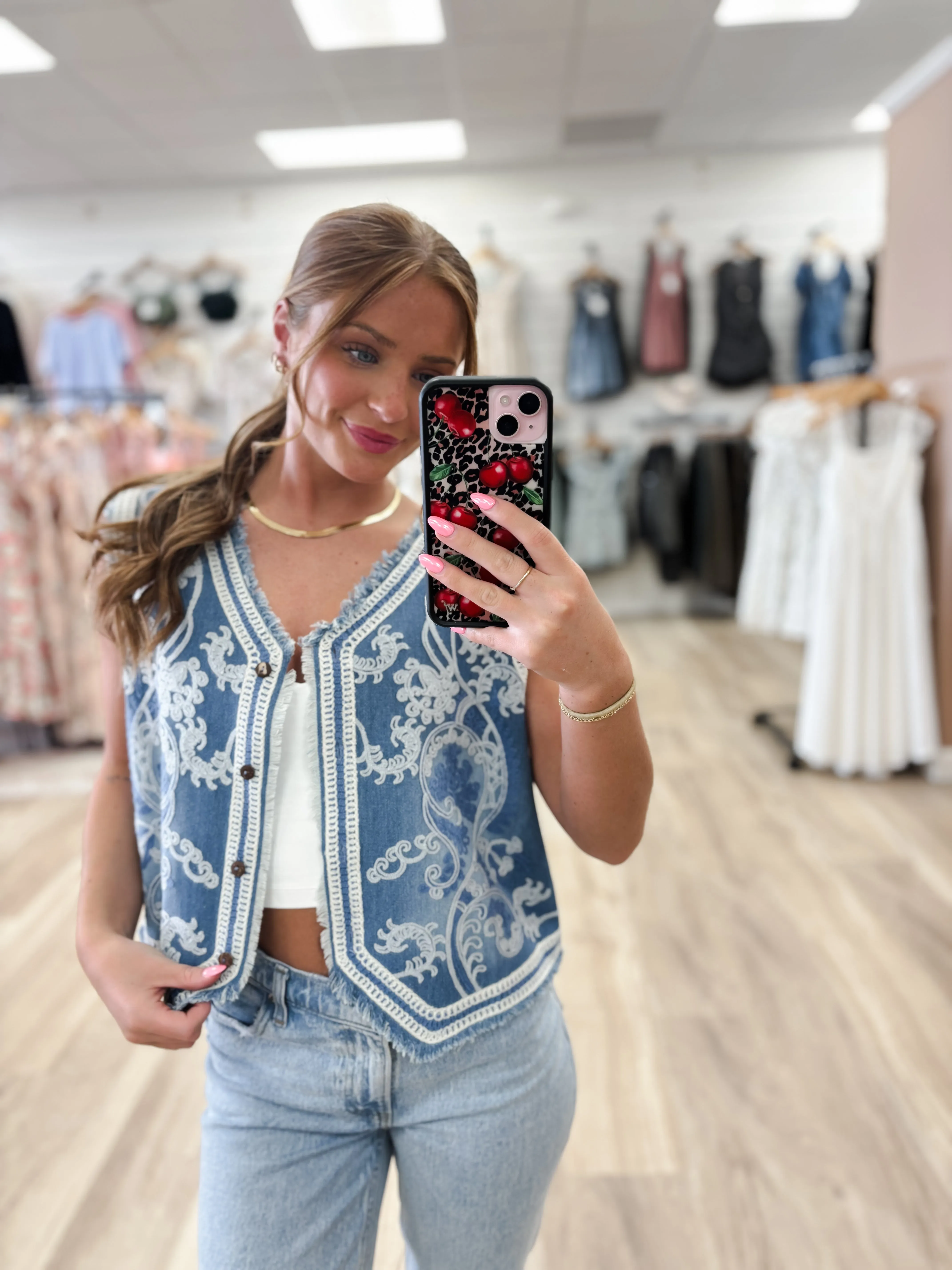 Western Indigo Denim Embroidered Vest
