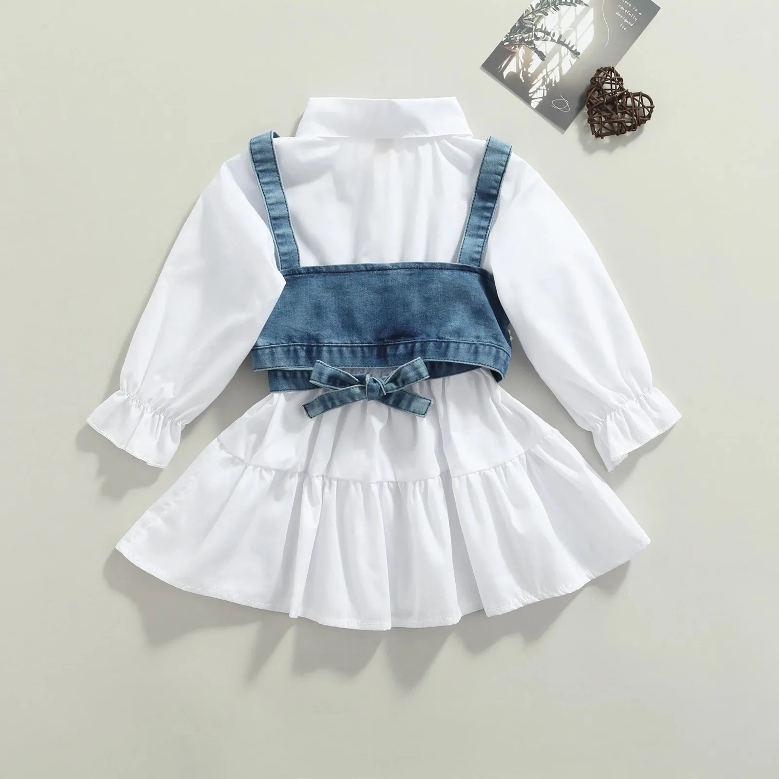 White Long Sleeve Dress   Denim Beading Vest