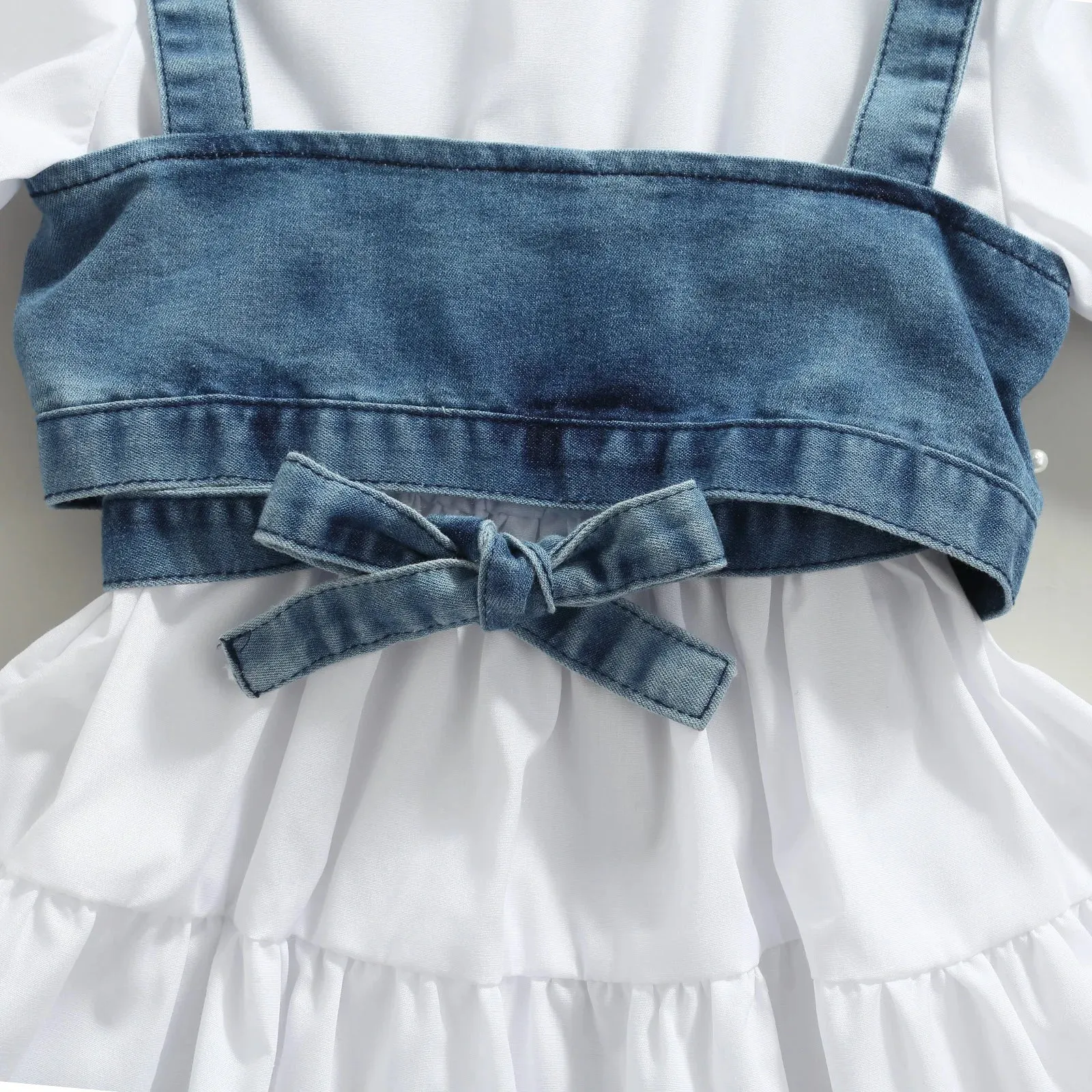 White Long Sleeve Dress   Denim Beading Vest