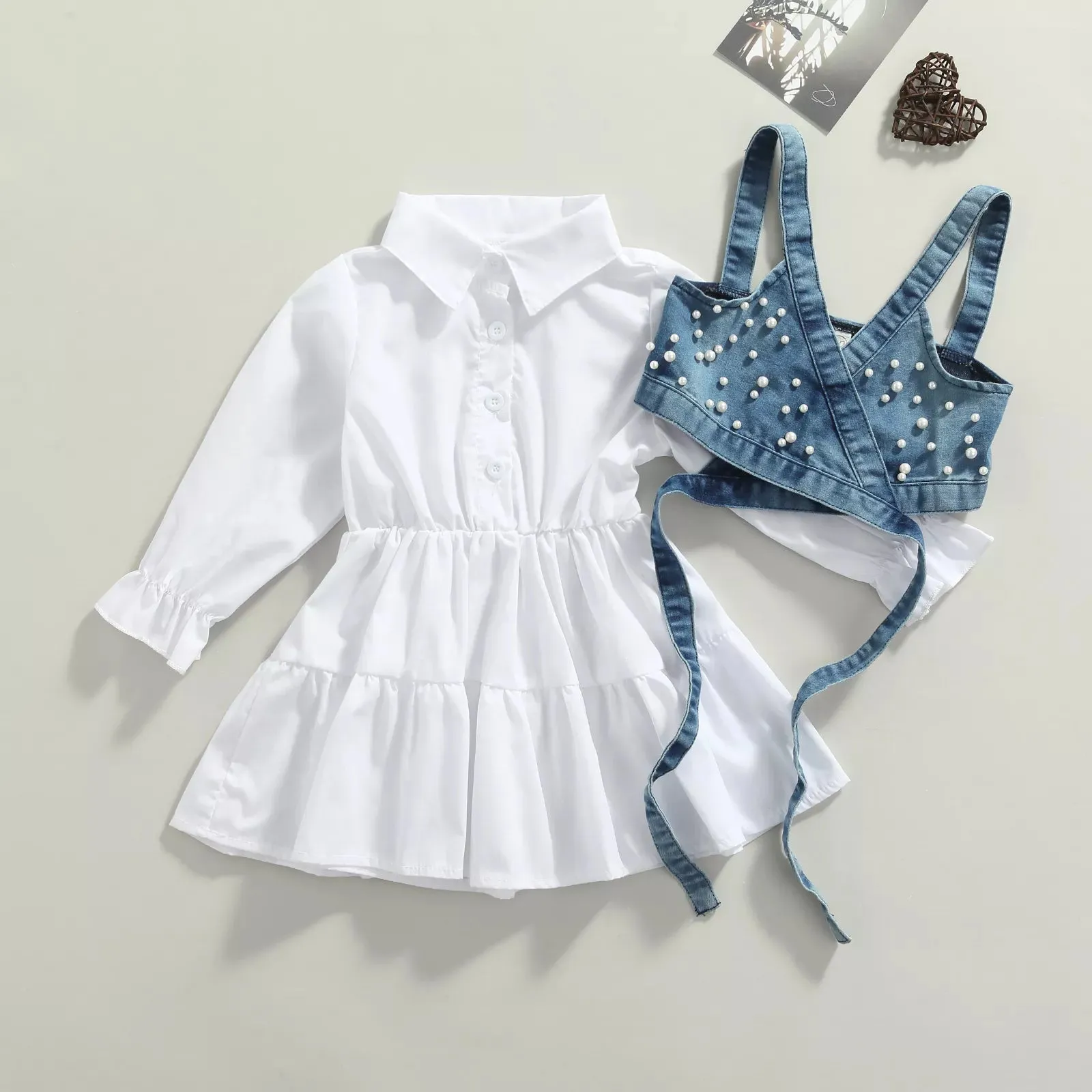 White Long Sleeve Dress   Denim Beading Vest