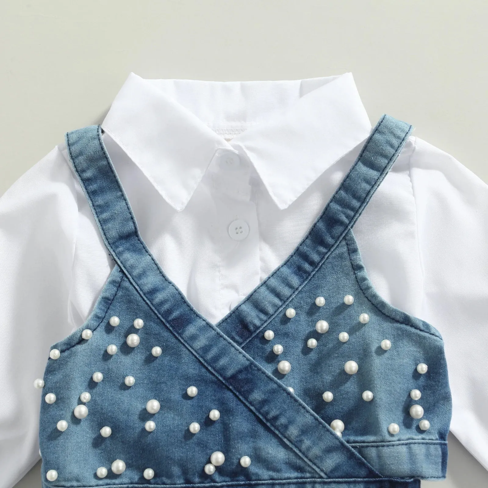 White Long Sleeve Dress   Denim Beading Vest